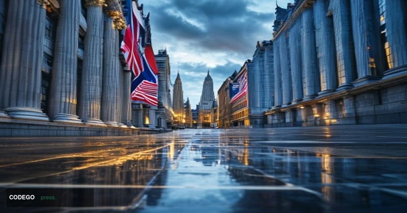 A cinematic editorial photograph taken at ground level looking up at the facades of two grand financial district buildings si