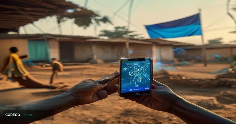 A photorealistic editorial photograph depicting a United Nations Development Programme field office environment in a developi