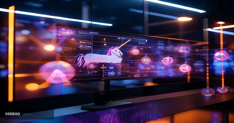 A cinematic editorial photograph centered on a glowing decentralized exchange interface displayed on a large curved monitor i
