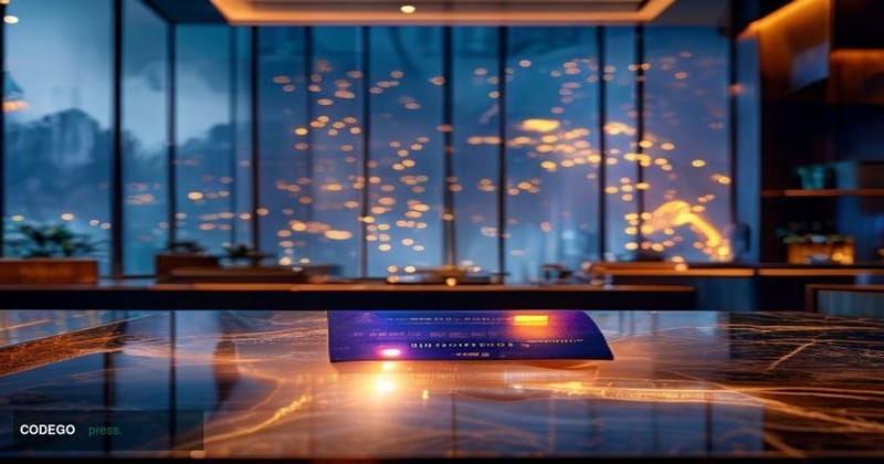 A cinematic editorial photograph set in a sleek, upscale bank branch interior inspired by UOB's Singapore headquarters aesthe