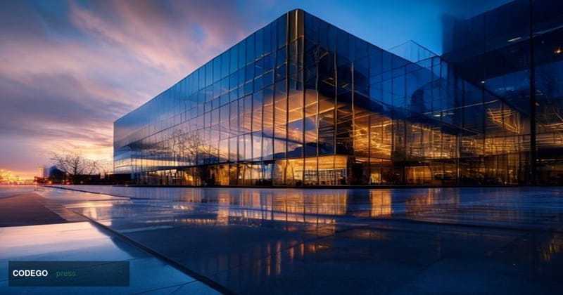 A cinematic editorial photograph of a modern fintech corporate headquarters building at dusk, with the words "Upstart Bank" s
