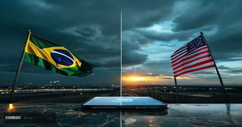 A dramatic split-composition editorial photograph taken at ground level looking upward, with the Brazilian flag on the left h
