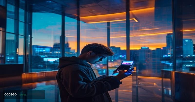 A cinematic editorial photograph set inside a modern urban bank branch reimagined for digital-native customers, with a large 