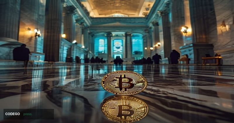 A cinematic editorial photograph shot inside a grand federal government building in Washington D.C., featuring the neoclassic