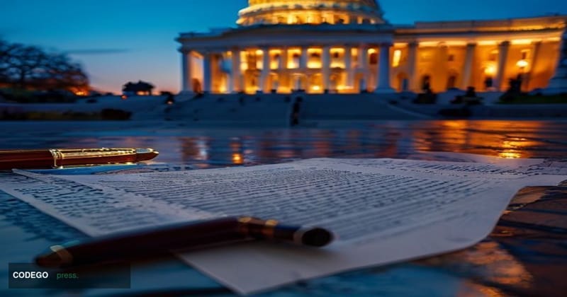 A dramatic wide-angle shot of the United States Capitol building at dusk, with warm amber light casting long shadows across t
