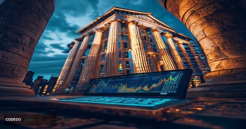A cinematic editorial photograph shot from a low angle looking up at the New York Stock Exchange's iconic neoclassical facade