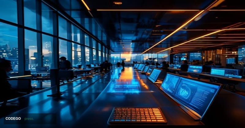 A cinematic editorial photograph of a sleek, modern open-plan corporate office in a major U.S. financial district, shot from 