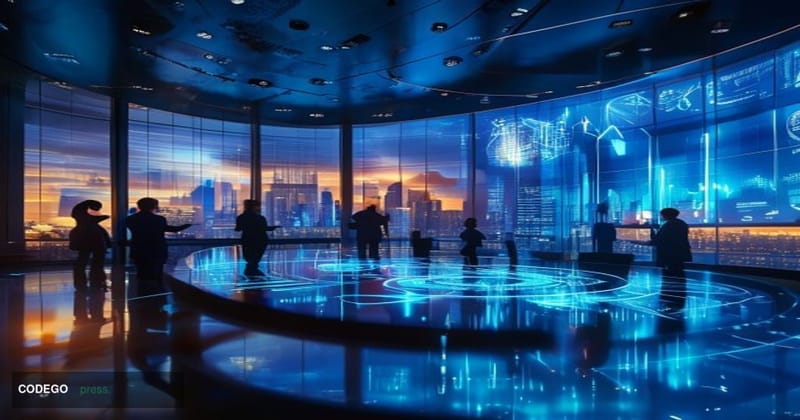 A cinematic editorial photograph of a modern corporate operations center in a U.S. enterprise headquarters, featuring large c