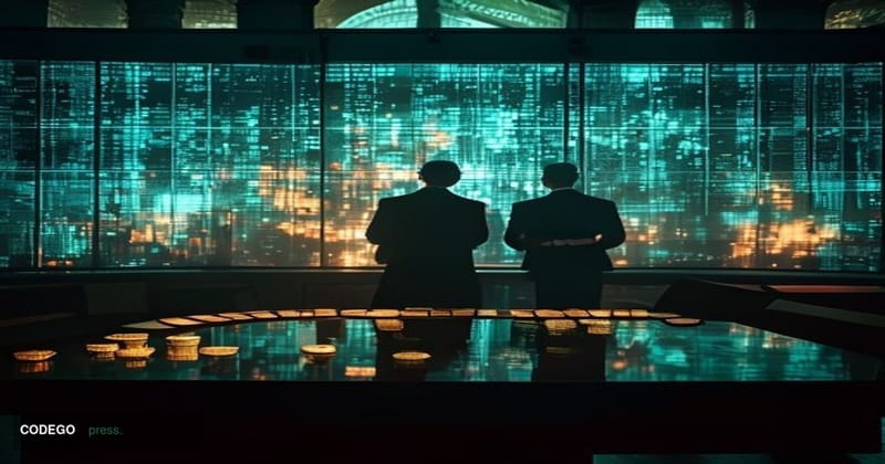 A dramatic cinematic editorial photograph set in a dimly lit federal operations center, with large wall-mounted screens displ