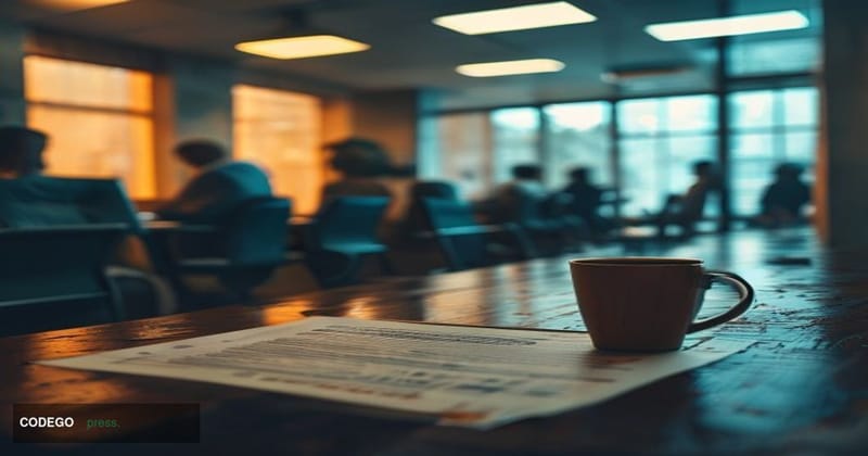A cinematic editorial photograph set inside a dimly lit American unemployment office in a mid-sized US city, with rows of emp