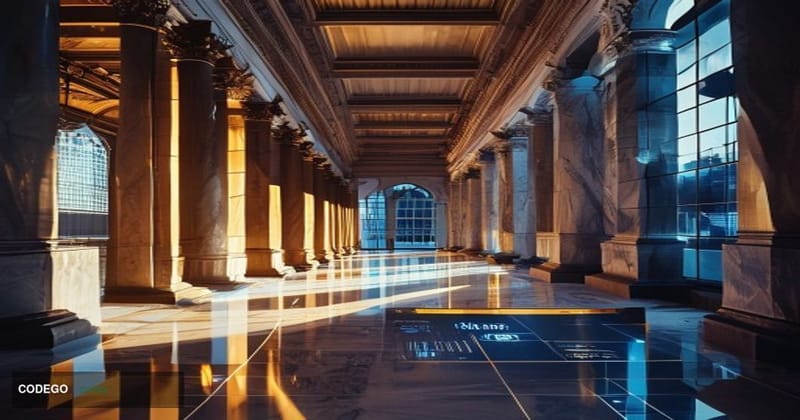 A photorealistic cinematic editorial photograph set inside a grand neoclassical US federal government building corridor, with