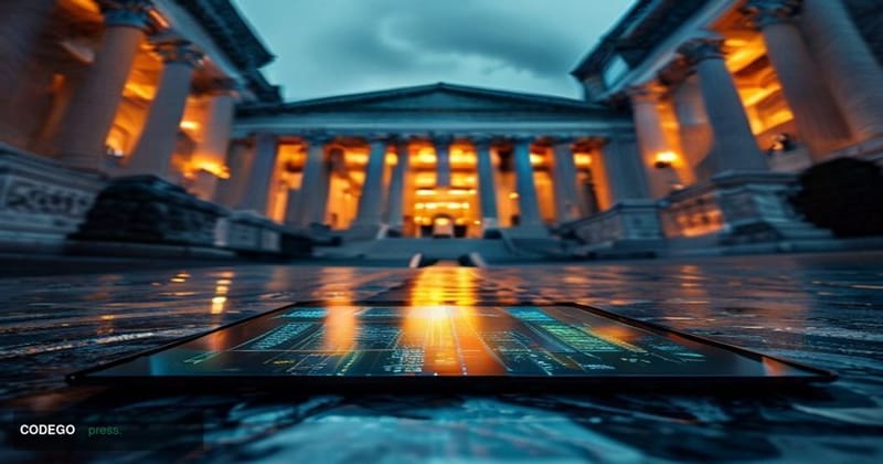 A cinematic editorial photograph shot at ground level looking up at the imposing neoclassical facade of the United States Dep