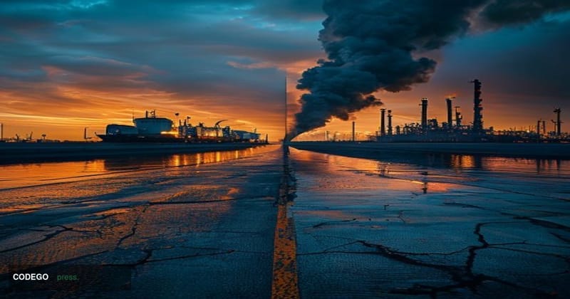 A dramatic split-composition editorial photograph shot at ground level with a wide-angle lens. On the left side, an aerial vi