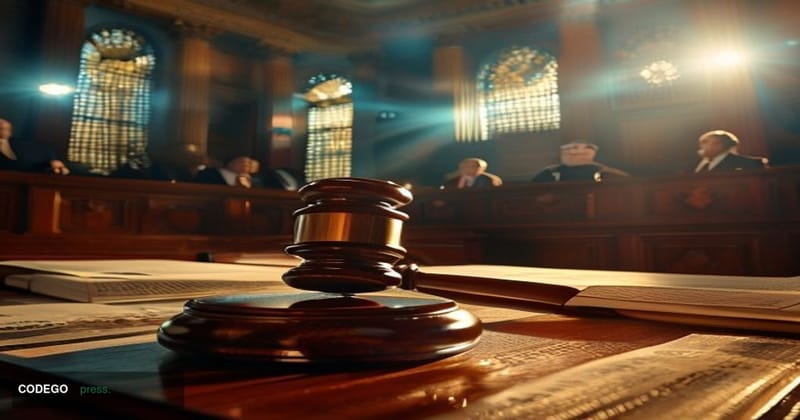 A cinematic editorial photograph set inside a grand, wood-paneled federal courtroom in Washington D.C., with dramatic chiaros
