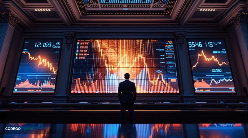 A dramatic editorial photograph set inside a grand Federal Reserve trading floor environment, with large digital ticker scree