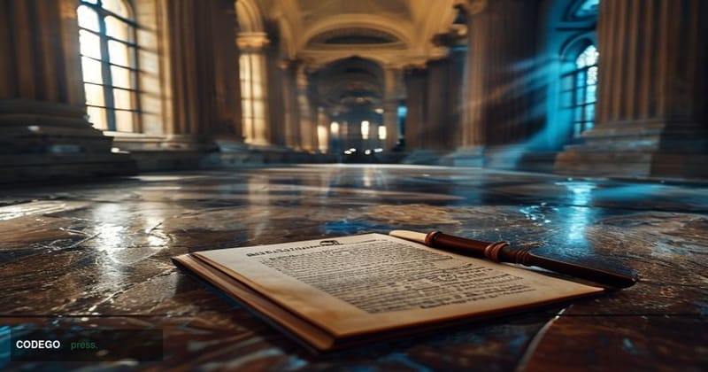 A cinematic editorial photograph set inside a grand neoclassical US federal courthouse corridor in Washington D.C., with marb
