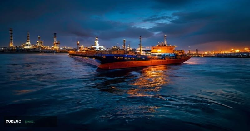 A dramatic cinematic editorial photograph of a supertanker loaded with crude oil departing a major US Gulf Coast export termi