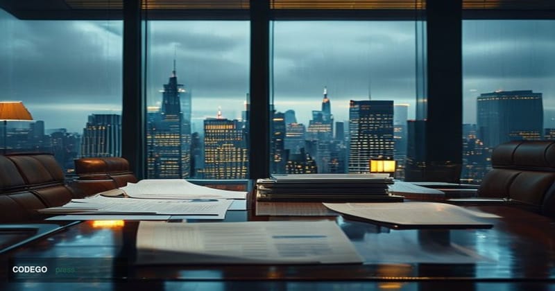 A dramatic cinematic editorial photograph set inside a high-ceilinged Wall Street-style financial boardroom in New York City,