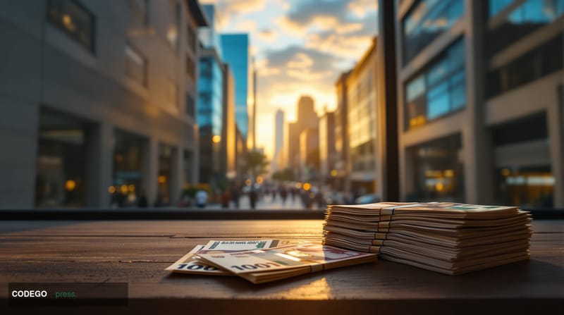 A photorealistic cinematic editorial photograph set in Baghdad's financial district, featuring the iconic facades of Iraqi ba