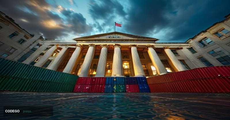 A cinematic editorial photograph taken at ground level looking up at the grand neoclassical facade of the United States Trade