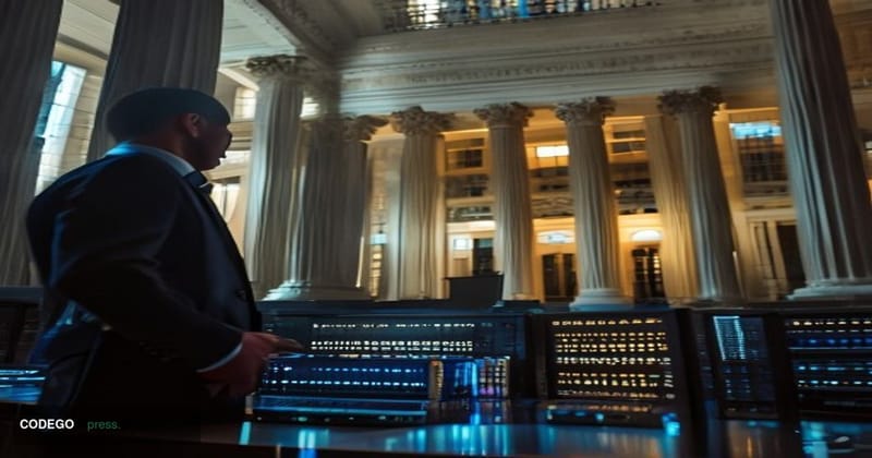 A cinematic editorial photograph taken at a dramatic low angle looking up at the exterior of a federal courthouse in Washingt