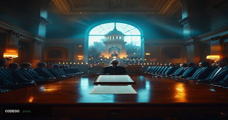 A photorealistic editorial photograph taken inside a dramatic, high-ceilinged United States Senate chamber, shot from a low w