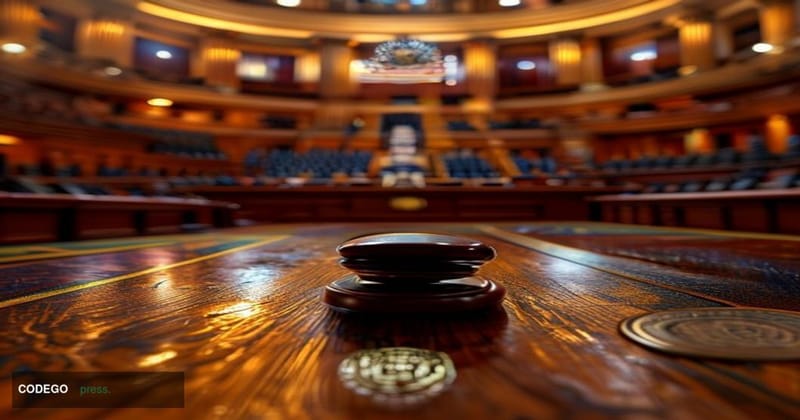 A cinematic editorial photograph of the United States Senate chamber interior, captured from a low dramatic angle looking tow