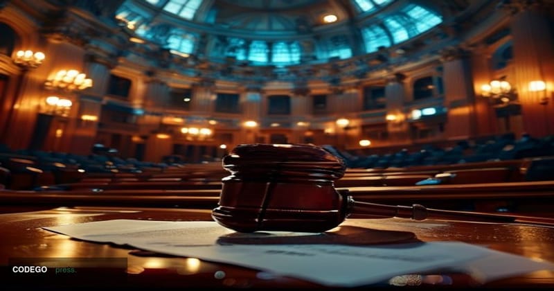 A cinematic editorial photograph of the United States Senate chamber interior, captured from a low-angle perspective looking 