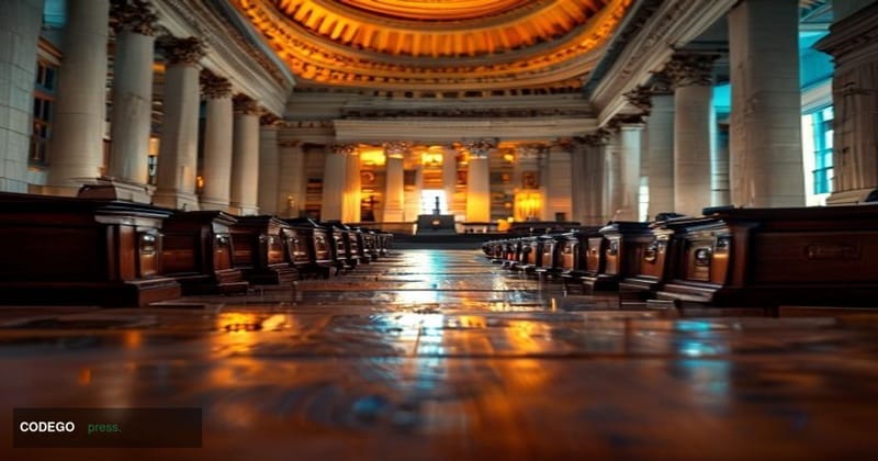 # Image Prompt:

A dramatic wide-angle shot of the United States Capitol building's interior, specifically the Senate chamber