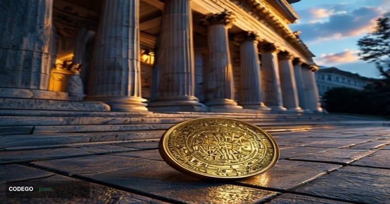 A cinematic editorial photograph of the exterior of the United States Treasury building in Washington D.C. at dusk, with warm