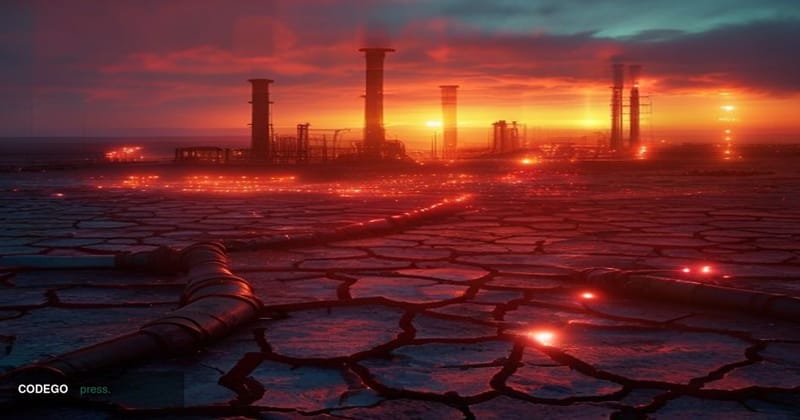 A cinematic editorial photograph split between two contrasting scenes: in the foreground, a cracked and dry desert landscape 