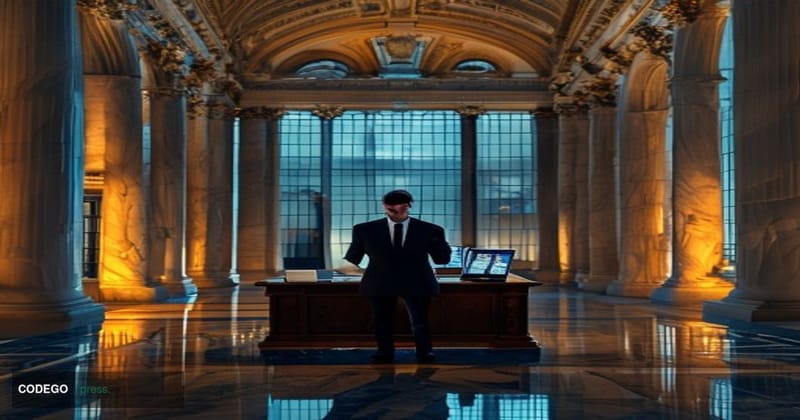 A photorealistic editorial photograph set inside a grand neoclassical US Treasury Department building corridor in Washington 