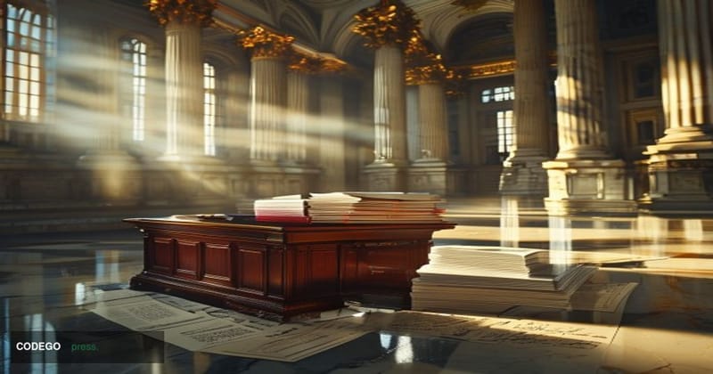 A cinematic editorial photograph set inside a grand neoclassical government building interior, modeled on the US Treasury Bui