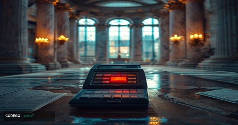 A photorealistic editorial photograph set inside a grand federal government payment operations center, modeled on the neoclas