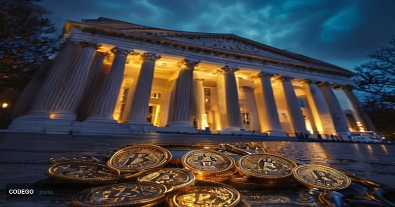 A photorealistic editorial photograph depicting the imposing neoclassical facade of the US Treasury Building in Washington D.