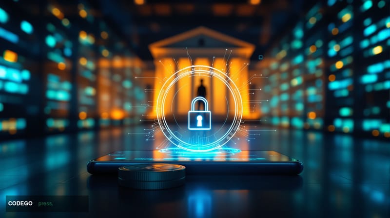 A dramatic cinematic editorial photograph set inside a cold, dimly lit high-security data center with rows of glowing servers