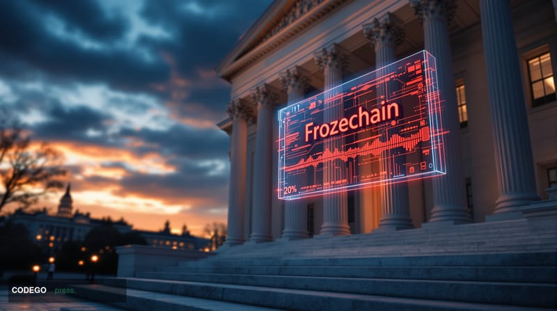 A dramatic cinematic editorial photograph set in Washington D.C., with the neoclassical facade of the US Treasury Building pr