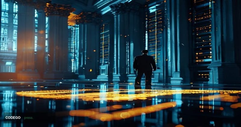 A cinematic editorial photograph depicting a high-security financial enforcement moment: in the foreground, a glowing digital