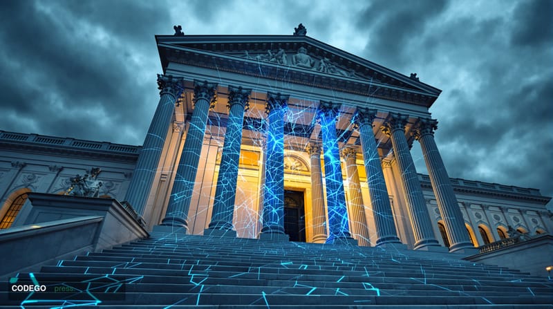 A dramatic cinematic editorial photograph taken at a low angle looking up at the imposing neoclassical facade of the US Treas