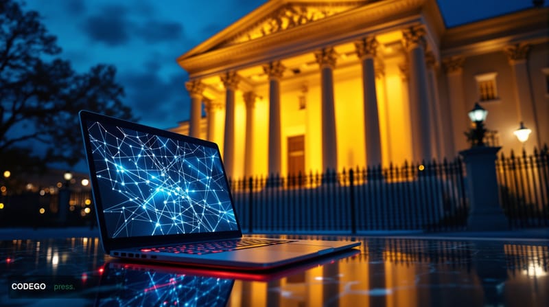 A cinematic editorial photograph set in Washington D.C., with the imposing neoclassical facade of the U.S. Department of the 