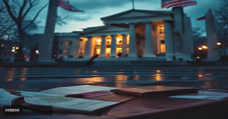 A cinematic editorial photograph set in Washington D.C., with the neoclassical facade of the US Treasury Building prominently