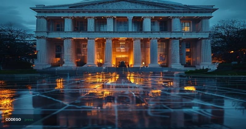 A cinematic editorial photograph depicting the exterior of a austere government financial building in Washington D.C., identi