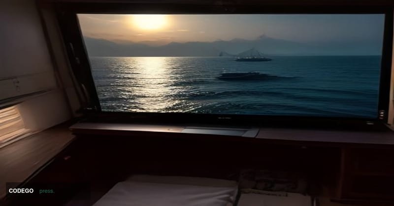 A dramatic cinematic editorial photograph set at the Strait of Hormuz at dusk, with the dark silhouette of a massive oil tank