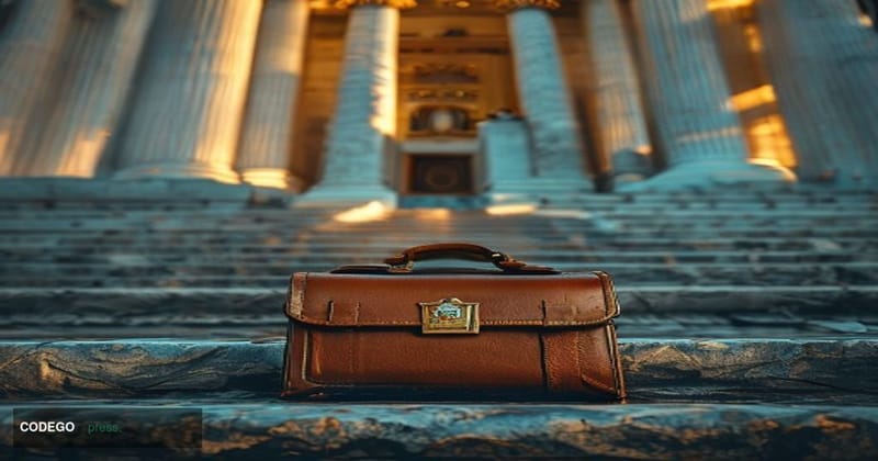 A cinematic editorial photograph taken at a low angle looking up at the imposing neoclassical facade of the US Treasury Build