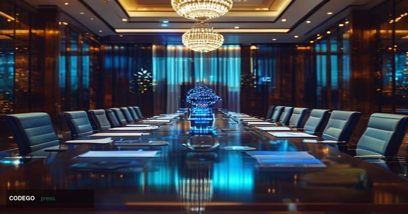 A cinematic editorial photograph set inside a grand diplomatic conference room combining architectural cues from Washington D
