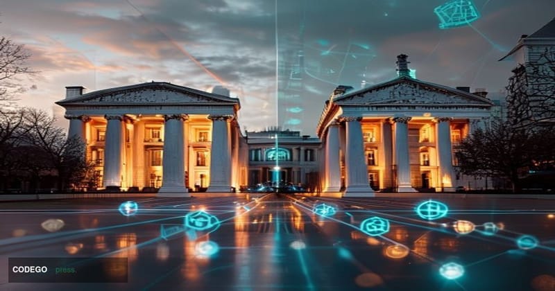 # Image Prompt:

A split-screen composition showing the iconic architecture of Washington D.C.'s Treasury Building on the lef