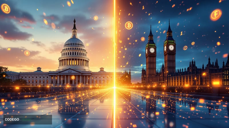 A dramatic split-composition photorealistic editorial image showing the US Capitol building on the left bathed in warm amber 