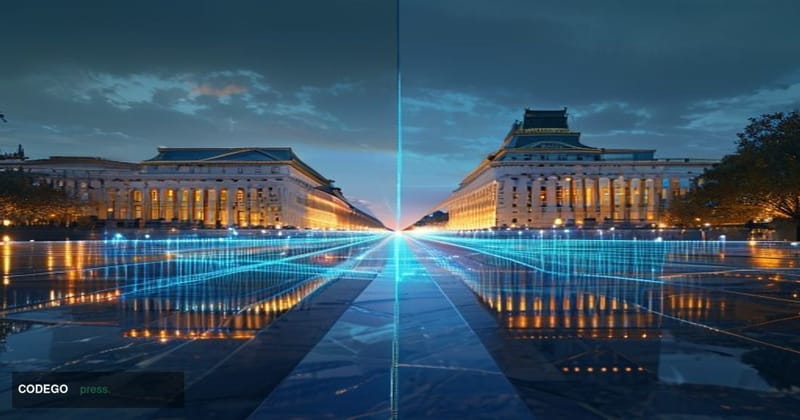 A cinematic editorial split-scene composition showing the US Treasury Building in Washington D.C. on the left and HM Treasury
