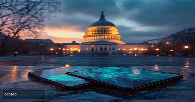A photorealistic editorial photograph of a large marble-and-glass federal building in Washington D.C., shot at dusk with dram