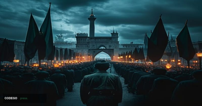 A dramatic cinematic editorial photograph set in Tehran, Iran, with the iconic silhouette of a grand ceremonial hall draped i
